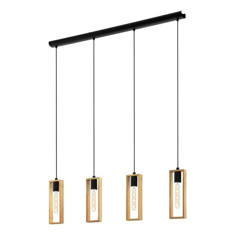 Eglo Pendant Lighting Littleton, 4 Light Vintage Hanging lamp in Industrial Design, Retro Ceiling Light Made of Black Metal and Natural Wood, E27socket, FSC Certified