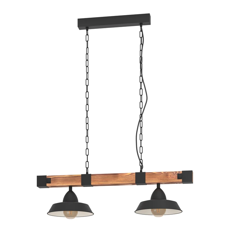 Eglo Pendant Lighting Oldbury, 2 Light Vintage Hanging lamp in Industrial Design, Pendant lamp Made of Black Metal and Rustic Wood, E27, 86 cm, FSC Certified