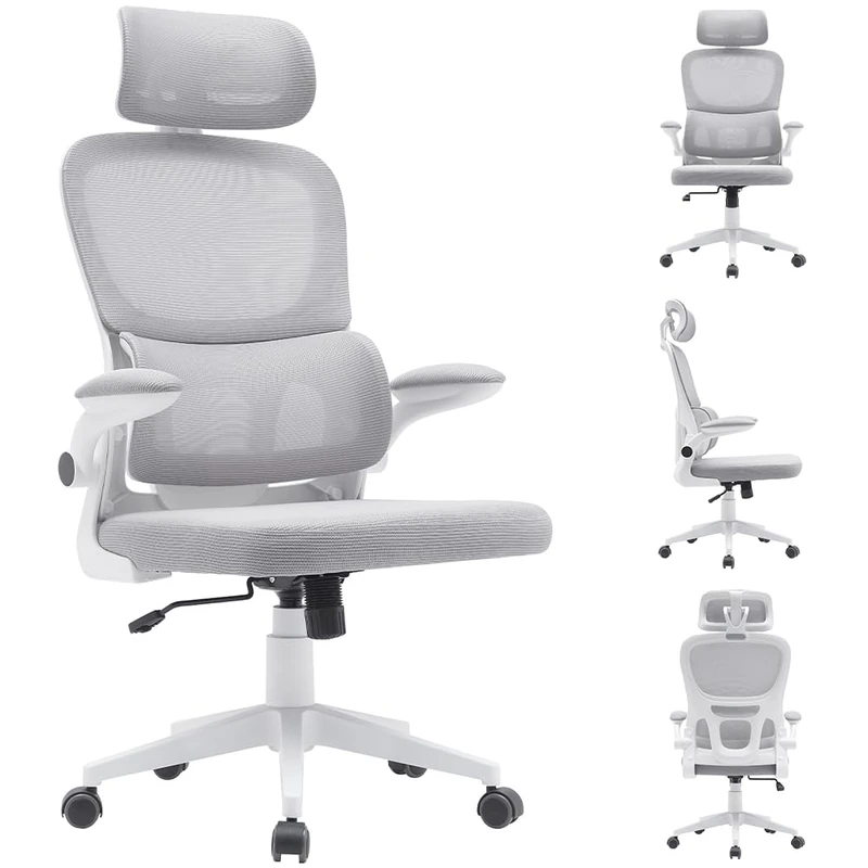 BAKAJI Office Chair Ergonomic Fabric Office Chair with Back Lumbar Support and Headrest, Swivel Office Chair, Adjustable Height, Breathable Sweat Proof Coating (Light Grey)