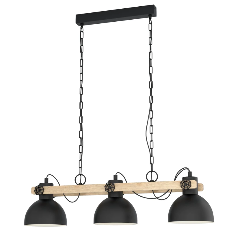 Eglo Pendant Lighting Lubenham, 3 Light Vintage Hanging lamp in Industrial Design, Retro Ceiling Light Made of Black Metal and Natural Wood, E27 Socket, FSC Certified