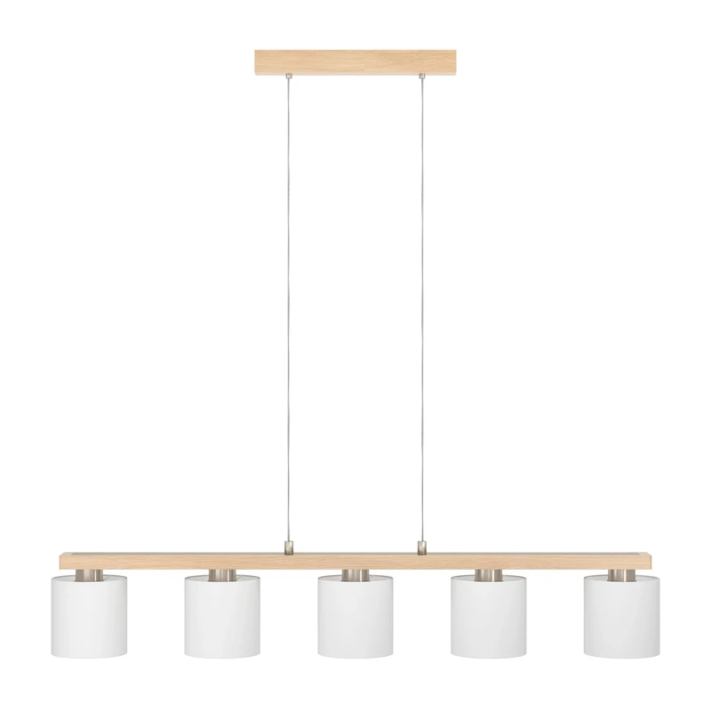 Eglo Pendant Lighting Castralvo, 5 Light Hanging lamp, Ceiling Light Fixture Made of White Fabric, Silver Metal and Natural Wood, Dining Table lamp FSC Certified, E27 Socket