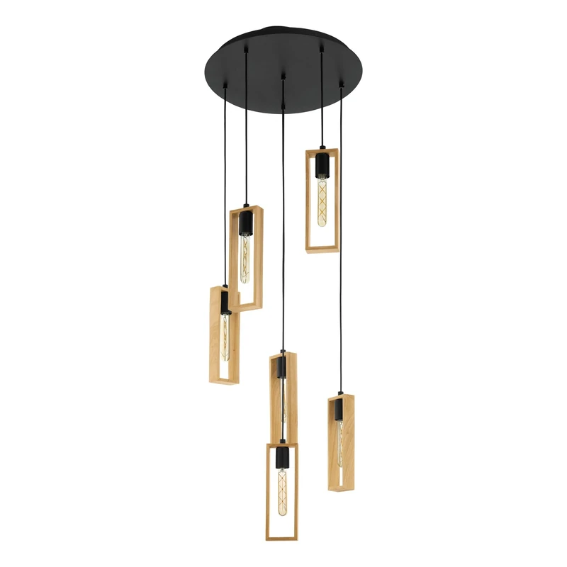 Eglo Pendant Lighting Littleton, 6 Light Vintage Cluster Hanging lamp in Industrial Design, Retro Ceiling Light Made of Black Metal and Natural Wood, E27socket, FSC Certified