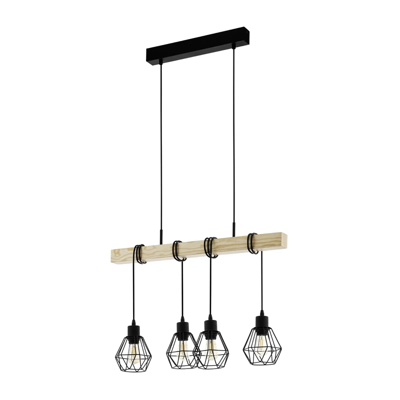 Eglo Pendant Lighting Townshend 5, 4-lamp Vintage Ceiling Light Fitting, Industrial Hanging lamp for Living and Dining Room, Black Metal and Natural Wood, FSC, E27 Socket