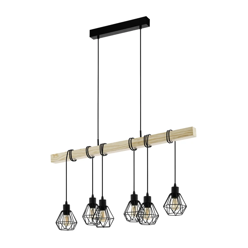 Eglo Pendant Lighting Townshend 5, 6 Light Vintage Hanging lamp in Industrial Design, Retro Ceiling Light Made of Black Metal and Natural Wood, FSC Certified, E27