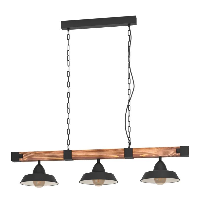 Eglo Pendant Lighting Oldbury, 3 Light Vintage Hanging lamp in Industrial Design, Pendant lamp Made of Black Metal and Rustic Wood, E27, 86 cm, FSC Certified