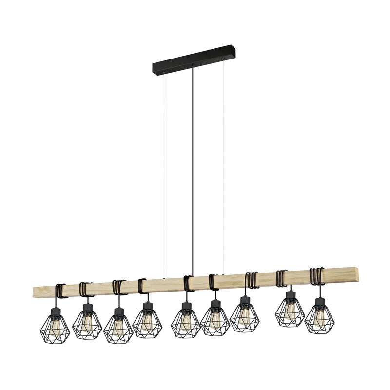 Eglo Pendant Lighting Townshend 5, 9 Light Vintage Hanging lamp in Industrial Design, Retro Ceiling Light Made of Black Metal and Natural Wood, FSC Certified, E27