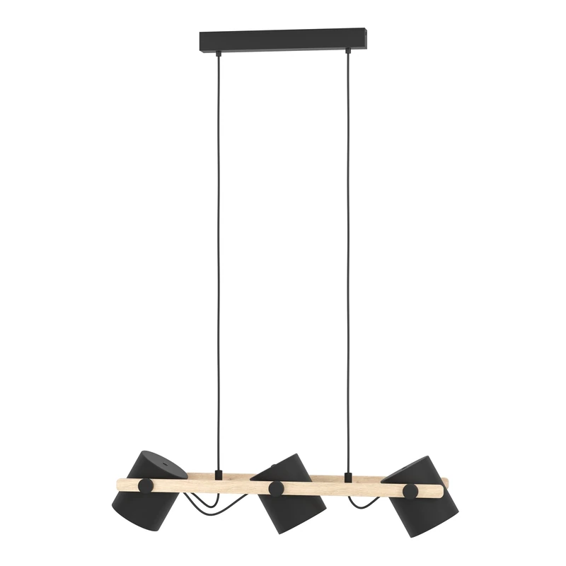 Eglo Pendant Lighting Hornwood, 3 Light Vintage Hanging lamp in Industrial Design, Retro Ceiling Light Made of Black Metal and Natural Wood, FSC Certified, E27