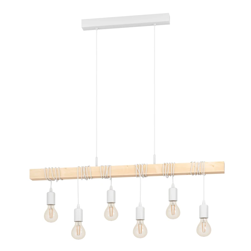 EGLO Pendant Lighting Townshend, 6 Light Vintage Hanging lamp in Industrial Design, Retro Ceiling Light Made of White Metal and Natural Wood, FSC Certified, E27