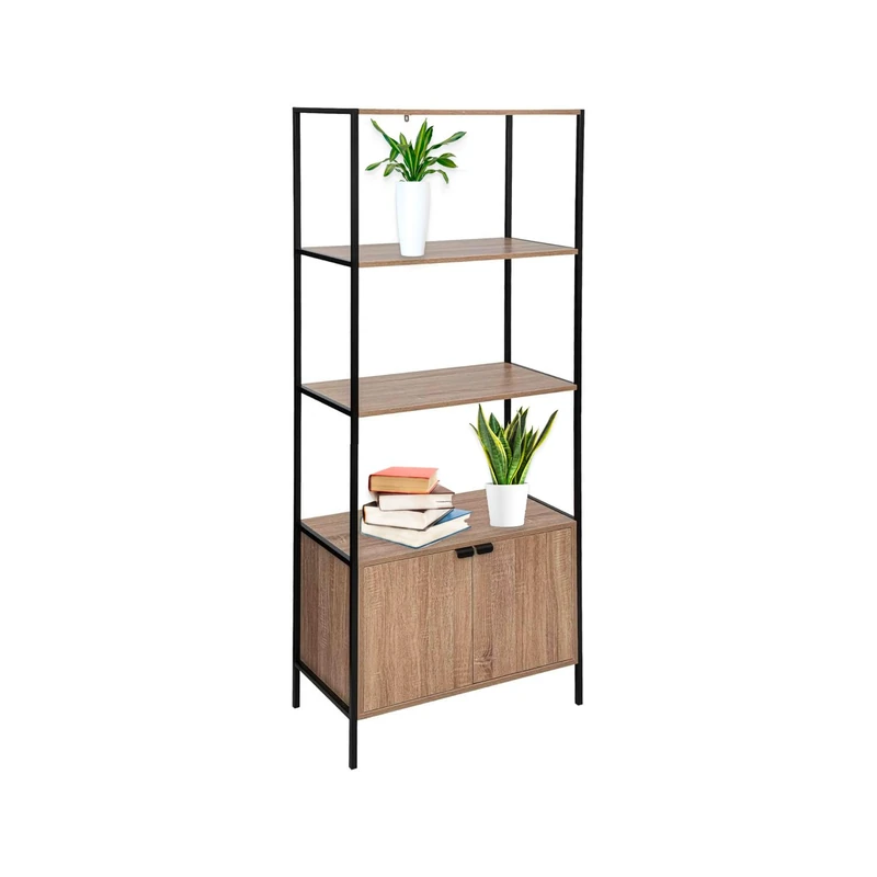 Avilia Wooden Bookcase with 2 Shelves Ideal for Living Room, Study and Office, with Low Cabinet, Storage Cabinet, 68 x 35 x 176 cm, Black and Brown, Oak Effect - Image 1