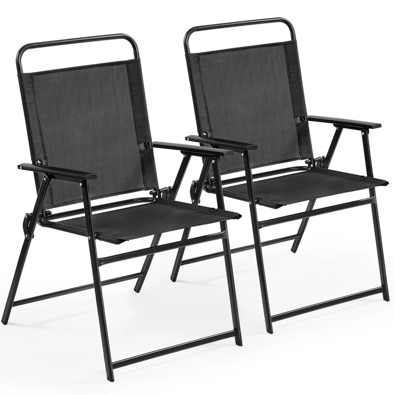 Yaheetech Outdoor Foldable Dining Chairs Patio Texteline Chairs All-weather Breathable Lawn Chairs with Backrest, Armrests Set of 2, for Garden, Lawn, Porch, Backyard, Poolside -Black
