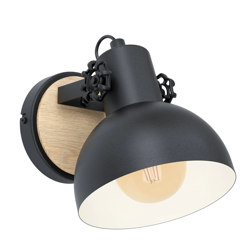 Eglo Indoor Wall lamp Lubenham, Vintage Wall Light in Industrial Design, Retro Wall Spotlight Made of Steel and Wood, Colour Black, Brown, Socket E27, FSC Certified