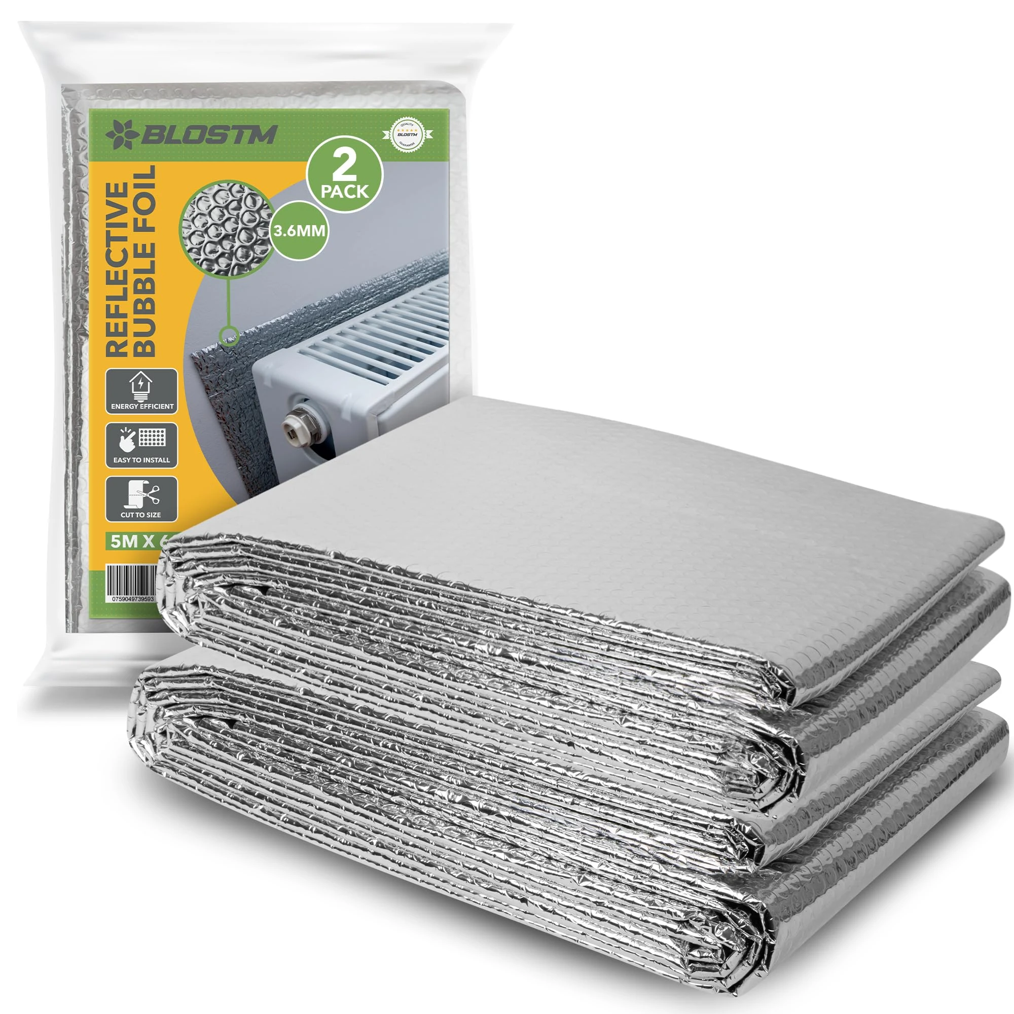 BLOSTM Radiator Insulation Foil 5m x 60cm - 2 Pack Bubble Insulation Foil Thick Heat Reflective Bubble Wrap Radiator Foil Reflector with Adhesive Pads - Covers 3+ Radiators