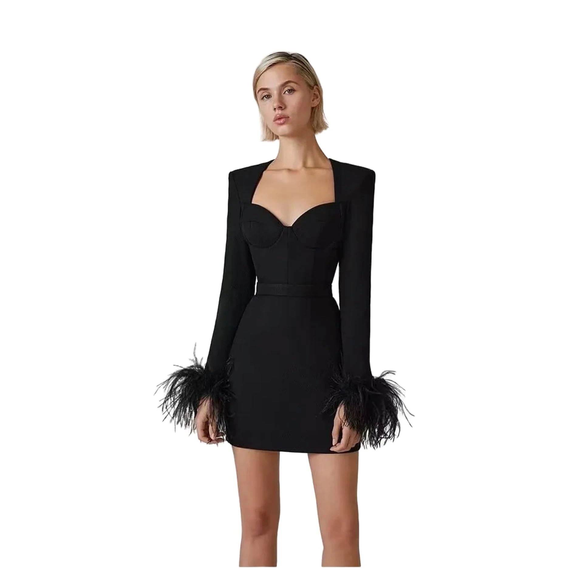 Juketron Women's Sexy Strapless Bandage Dress Black Feather Long Sleeve Evening Party Elegant Mini Dresses