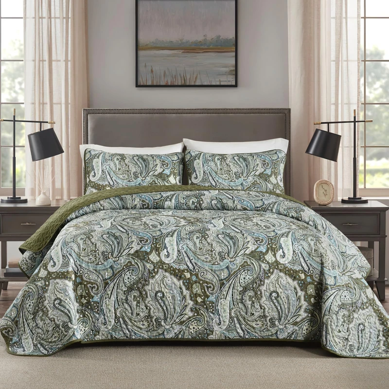 Green Paisley Quilt Set King Size Boho Bedspread Coverlet Set 3 Pieces, Soft Lightweight Microfiber Dark Olive Green Paisley Floral Pattern Bedding Set for All Season, 110''x90''