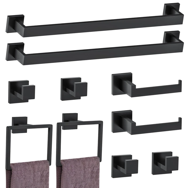 Woekme Towel Bar Set, 10-Piece Stainless Steel Bathroom Hardware, Matte Black - Bath Towel Rack, Towel Ring, Toilet Paper Holder, Hooks - Wall Mounted Bathroom Accessories