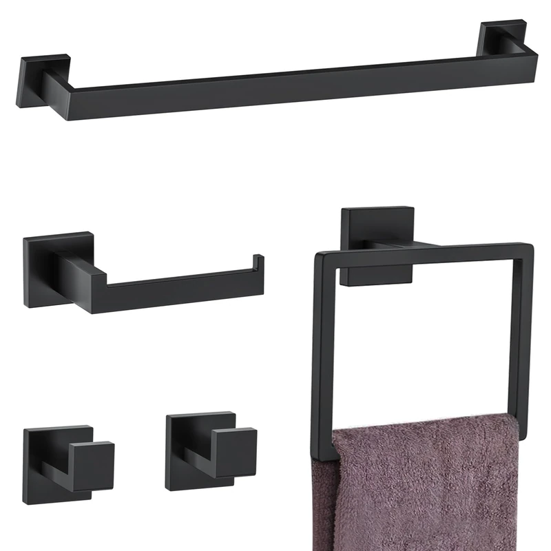 Woekme 5 Pieces Towel Bar Set Matte Black Bathroom Hardware Accessories Set Towel Holder Set for Bathroom SUS 304 Stainless Steel Wall Mounted,23.6 in