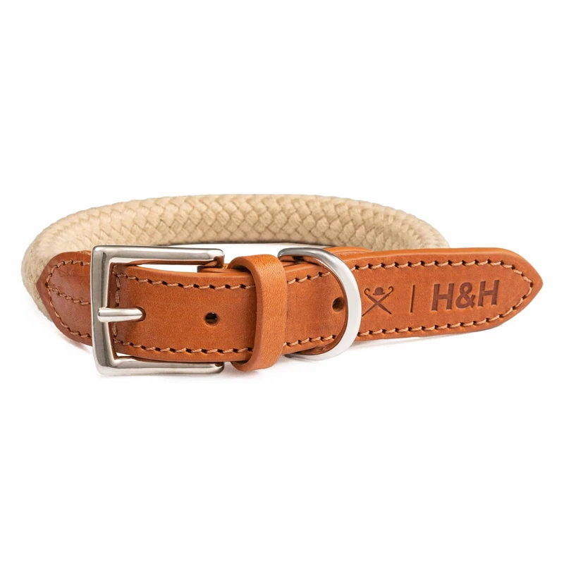 HUGO & HUDSON x HACKETT Rope Dog Collar with Cognac Leather with Adjustable Metal Buckle, Natural XL