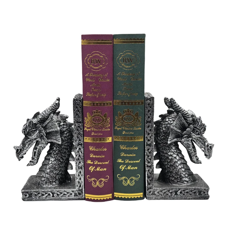 Book Ends for Shelves to Hold Books Heavy Duty,Decorative Bookend for Bookshelf Décor, Animal Dragon Book Stopper Dragon Statues for Home, Office Desk, Living Room Decoration,Vintage Silver,1pair
