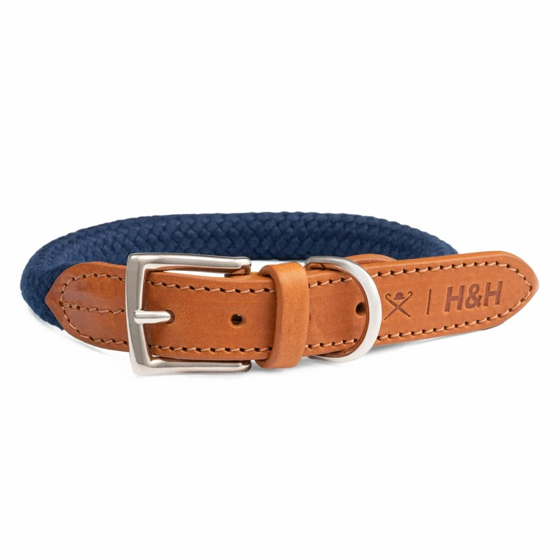 HUGO & HUDSON x HACKETT Rope Dog Collar with Cognac Leather with Adjustable Metal Buckle, Navy S