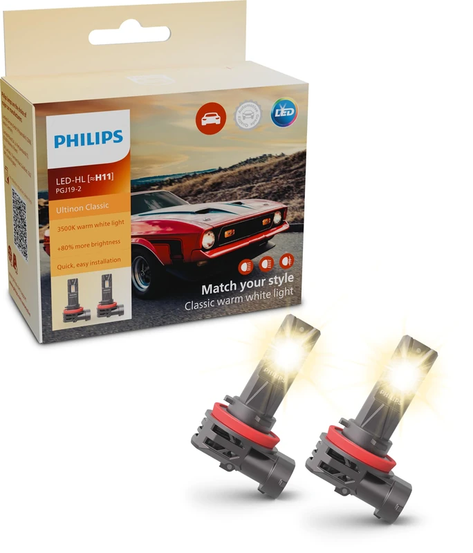 Philips Ultinon Classic LED car headlight bulb (H11), 3.500K warm white light, halogen color match, 80% more brightness*, Easy-fit LED bulb, set of 2