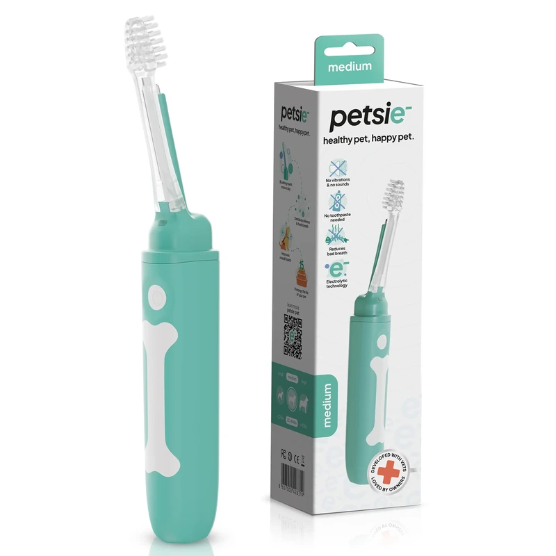petsie Dog Toothbrush, Medium | Innovative Eletrolytic Technology | Improves Oral Health & Bad Breath | No Vibrations & Silent Teeth Cleaning Brush | No Toothpaste Needed | Dog Teeth Cleaning Kit