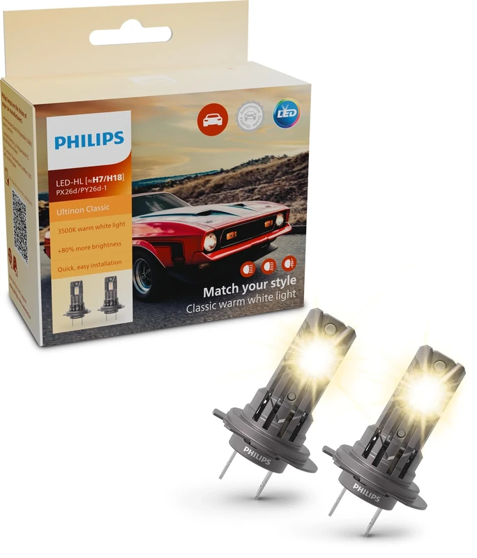 Philips Ultinon Classic LED car headlight bulb (H7/H18), 3.500K warm white light, halogen color match, 80% more brightness*, Easy-fit LED bulb, set of 2