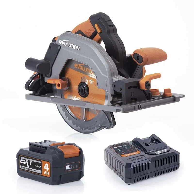 Evolution Power Tools R185CCSX-Li Circular Saw Cordless Track Compatible Brushless 18v Li-Ion EXT Includes TCT Multi-Material Blade, Cuts Wood, Metal, Plastic & More, Battery & Charger Included, 185mm