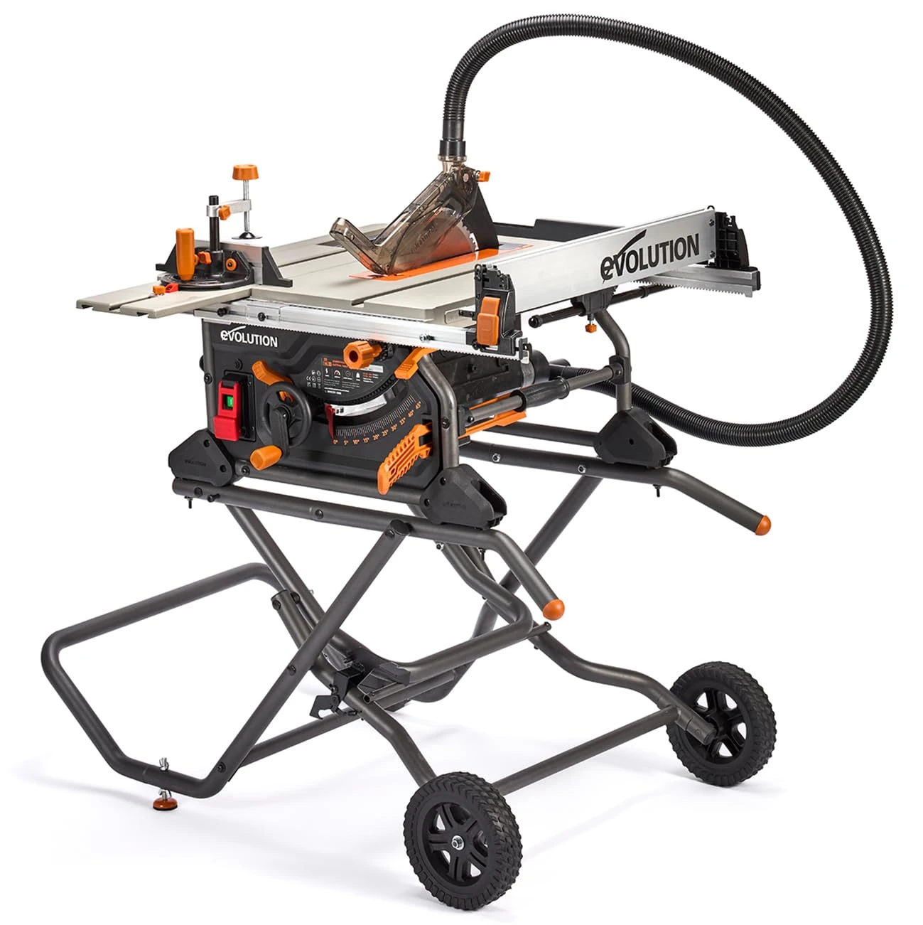 Evolution Power Tools R255TBLX+ Table Saw With Stand (Next Gen Rage 5-S) Multi-Material Cutting Blade Included Cuts Wood Metal Plastic, 45˚ Bevel, +/- 60˚ Mitre Angle, 85mm Cut Depth, 1800w Motor 240v