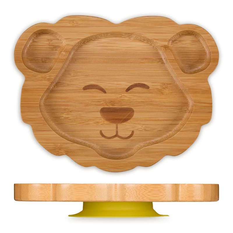 Relaxdays Baby Plate, with Suction Cup, Bamboo, Lion Motif, Non-Slip, BPA-Free, Complementary Food, 3 Divided Sections, 3 x 23.5 x 18 cm
