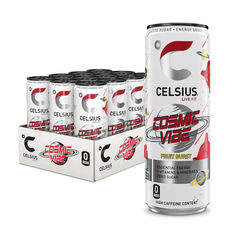CELSIUS Cosmic Vibe - Sparkling Natural Energy Drink, 7 Vitamins, Caffeine, No Artificial Colours, Sugar Free Energy Drinks, Fruit Burst, 355 mL, 12-Pk
