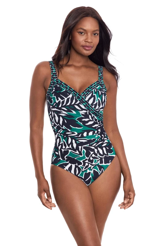 Miraclesuit Women's Swimwear Sanibel Tummy Control Underwire Bra One Piece Swimsuit, Palma Black/Multi, 10