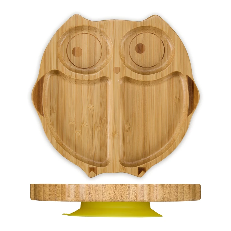 Relaxdays Baby Plate, with Suction Cup, Bamboo, Owl Motif, Non-Slip, BPA-Free, Complementary Food Dish, Divided Sections - Image 1