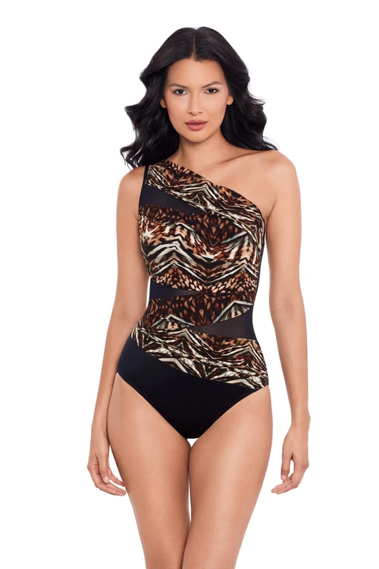 Miraclesuit Women's Slimming Swimwear JENA One Shoulder Tummy Control One Piece Swimsuit Bathing Suit, Tribal Black/Multi, 16