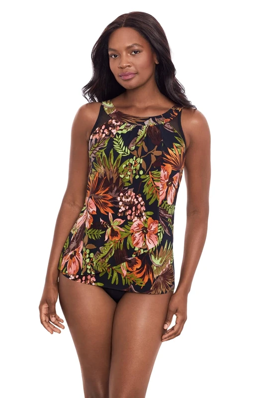 Miraclesuit Women's Swimwear Ursula Hidden Underwire Mesh Detail Tankini Bathing Suit Top, Botanico Black/Multi, 16
