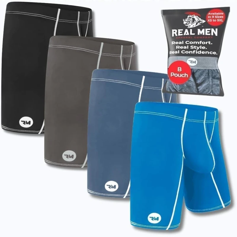 Real Men Athletic Underwear with Support Pouch - 1, 3 or 4 Pack 6, 7 and 9in Nylon Briefs - ABCD Pouch - XS-5XL, 4 Pack- 9 Inches Black/Dark Blue/Gray/Light Blue, L