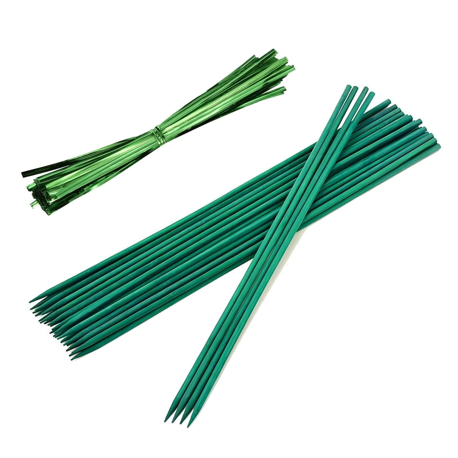 KTHZI 30 Pcs 30CM Plant Sticks Bamboo Green Support Canes Floral Wooden Stakes with 60 Split Twist Ties Metallic Sign Posting Sticks for Garden Flowers