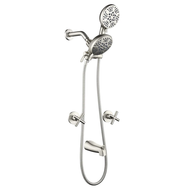 2 Handles Shower Faucet Set with Tub Spout Bathtub Shower Faucet Combo Set Shower System Complete Tub and Shower Trim Kit Brushed Nickel Wall Mounted Shower Fixtures