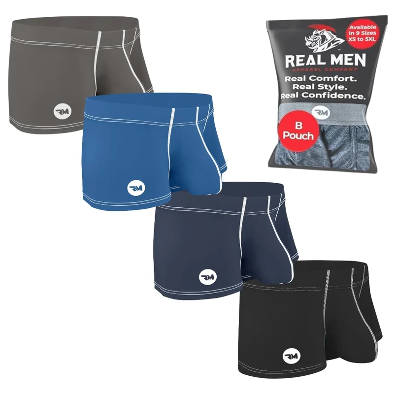 Real Men Bulge Enhancing Pouch Underwear for Men – 1 or 4 Pack Nylon 3 Inches- Ice Silk Mens Boxer Briefs ABCD Pouches XS-5XL, 4pk 3in Black/Dark Blue/Gray/Light Blue, L