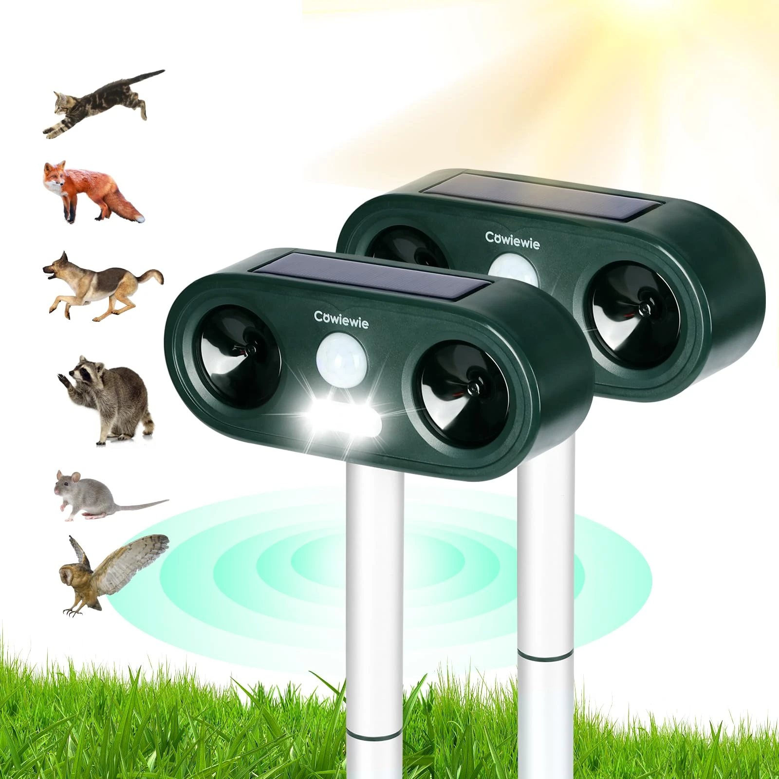 Cowiewie Ultrasonic Cat Repellent for Gardens, Solar and USB Charging, Cat Deterrents with Ultrasound and LED Flash, Waterproof Animal Repellent for Fox, Cats, Dogs, Pigeon, Etc. - Set of 2 (Green)