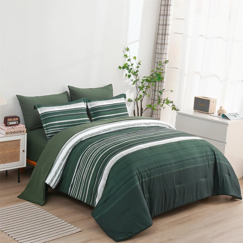 KAKIJUMN 7 Piece Bed in a Bag Stripe Comforter Set Queen Size, White Grey Green Patchwork Striped Comforter and Sheet Set, All Season Soft Microfiber Complete Bedding Sets(Dark Green,Queen)