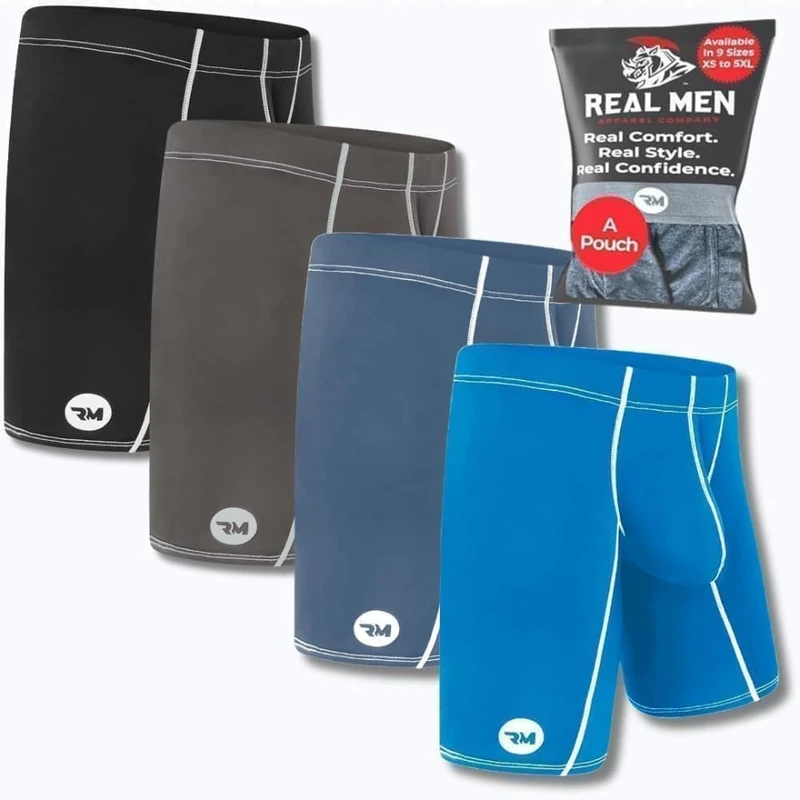 Real Men Athletic Underwear with Support Pouch - 1, 3 or 4 Pack 6, 7 and 9in Nylon Briefs - ABCD Pouch - XS-5XL, 4 Pack- 9 Inches Black/Dark Blue/Gray/Light Blue, M