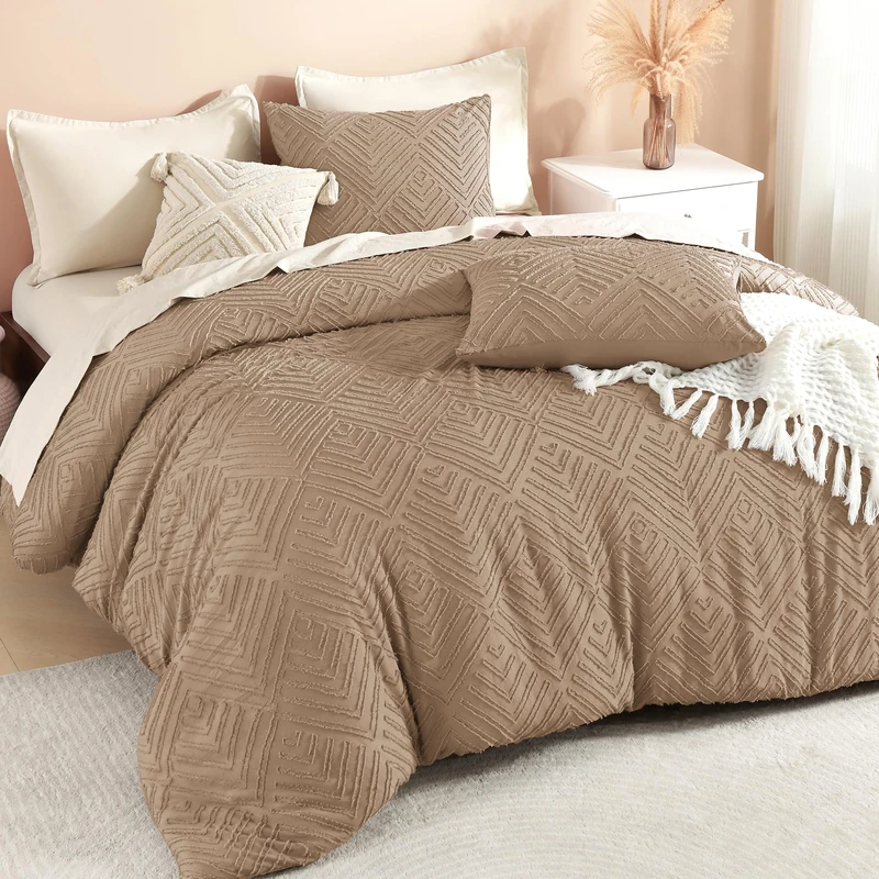 Litanika Queen Size Comforter Set, 3 Pieces Taupe Tufted Boho Bedding Set
