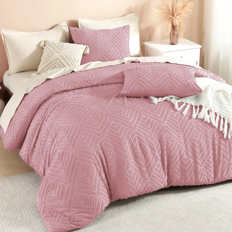 Litanika Grayish Pink Queen Comforter Set, 3 Pieces Tufted Boho Farmhouse Bedding Comforter Sets, Lightweight Fluffy Comforter Bed Set for All Season (90x90In Comforter and 2 Pillowcases)