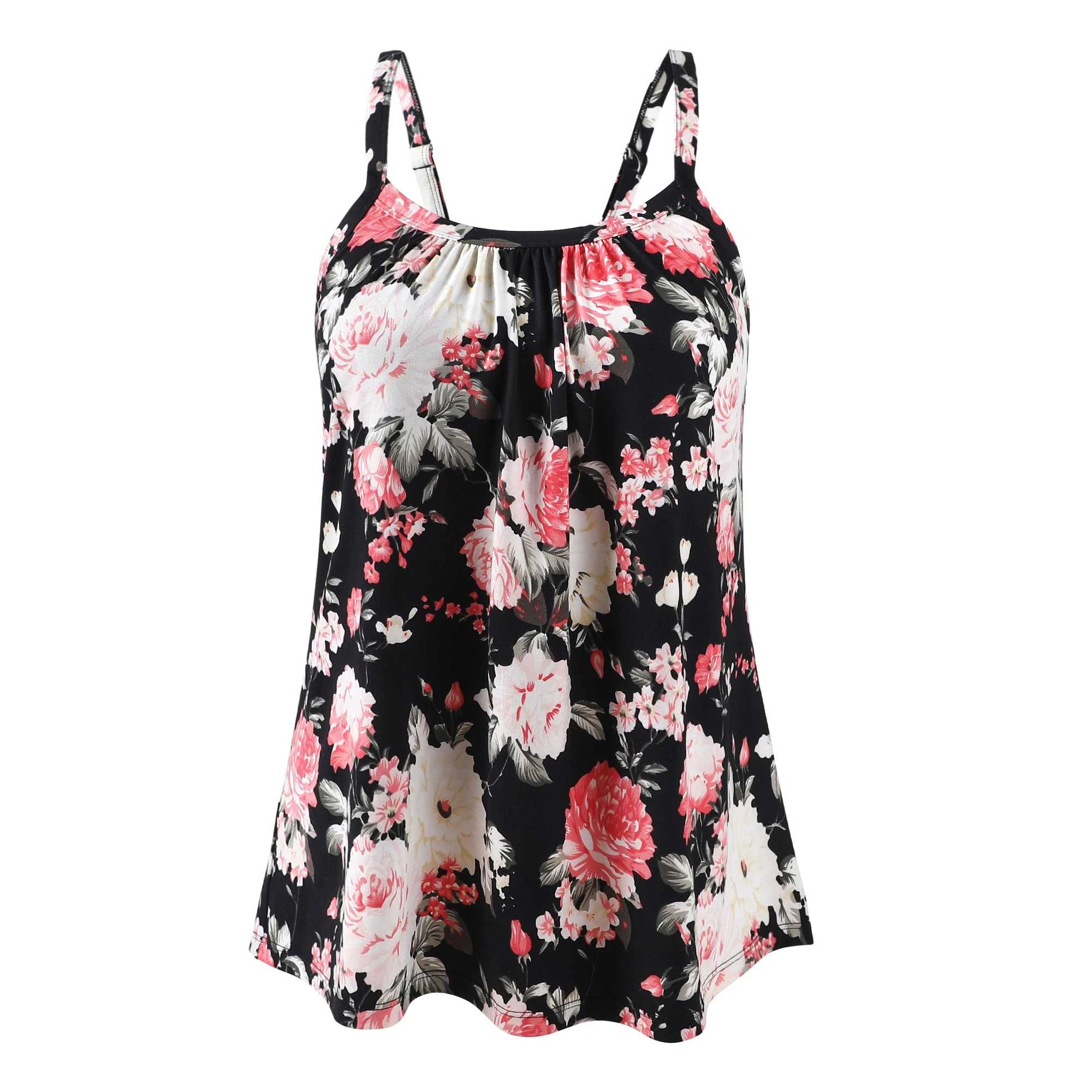 Generic Ladies Summer Vest with Front Pleated Printed Flowy Camisole Tops Loose Summer Swing Cami Shirt Floral Black M