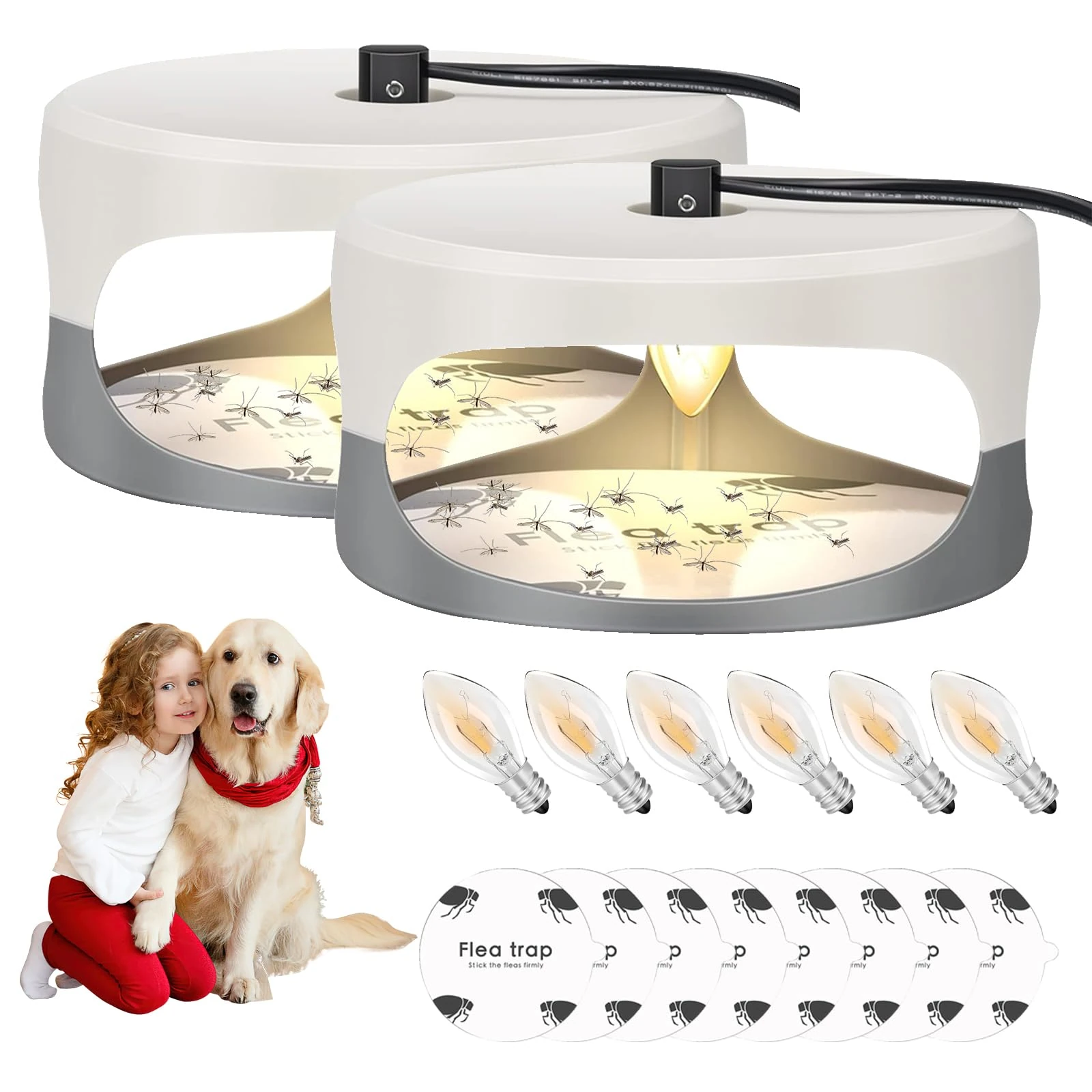 Domigard 2 Pack Flea Traps for Home, Flea Lamp Trap with 6 Light Bulbs and 8 Glue Discs,Non-Toxic, Natural Light Bed Bug Trap for Home,Bedding,Carpets