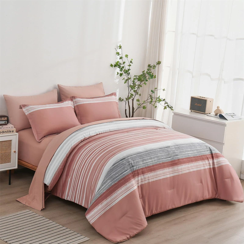 KAKIJUMN 7 Piece Bed in a Bag Stripe Comforter Set King Size, White Grey Blush Pink Patchwork Striped Comforter and Sheet Set, All Season Soft Microfiber Complete Bedding Sets(Pink,King)