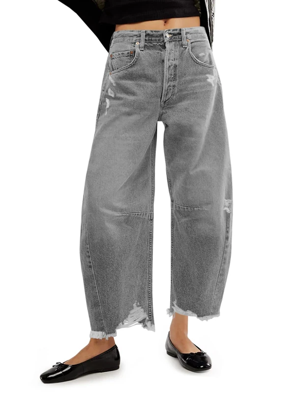 Cicy Bell Womens Baggy Barrel Jeans Cropped Boyfriend Wide Leg Raw Hem Denim Pants, Grey, 12