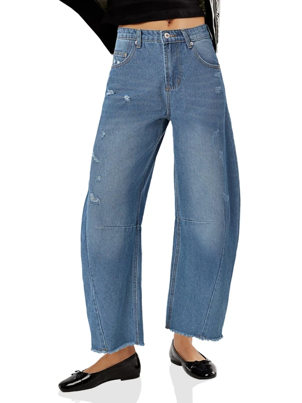 Cicy Bell Womens Barrel Jeans 2024 Fall Baggy Boyfriend Ripped Cropped Raw Hem Denim Pants, Raw Hem Blue, 14