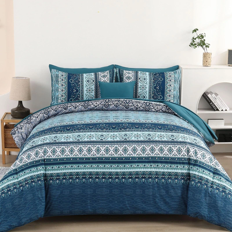 Boho Full Size Comforter Set 8 Pieces, Teal Blue Comforter Bohemian Striped Bed Covers in A Bag, Soft Microfiber Bedding Set for All Seasons