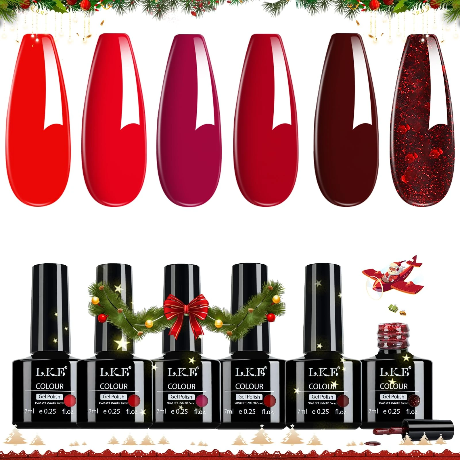LKEE Nail Gel Polish- Pastel Nail Polishes Set 6 Glamour Red Colors Gel Nail Polish Kit, Home DIY Nail Salon Christmas Nail Art Design Gift, 7 ml/0.25 oz